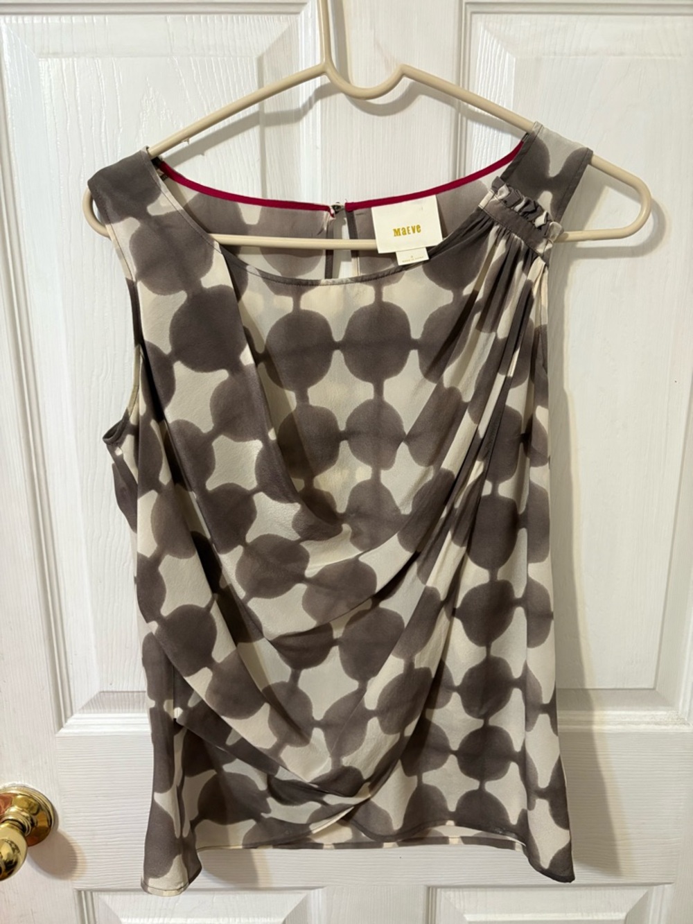 Maeve Taupe & Cream One-Shoulder Draped 100% Silk Top